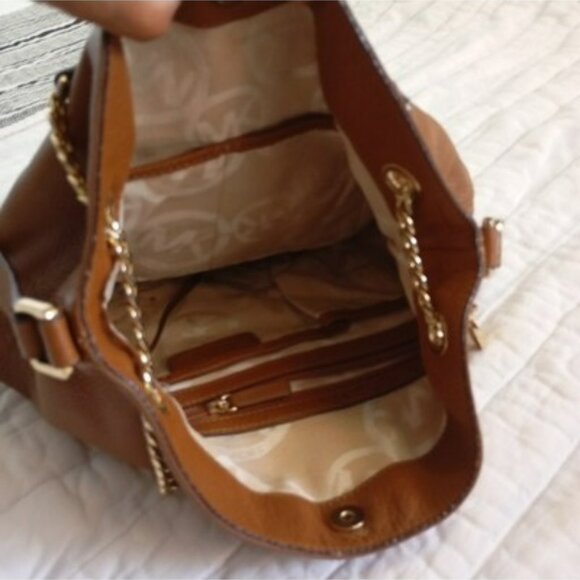 Michael Kors Brown Leather Shoulder Bag With Chain Straps & MK Logo Lining Women - Picture 3 of 14